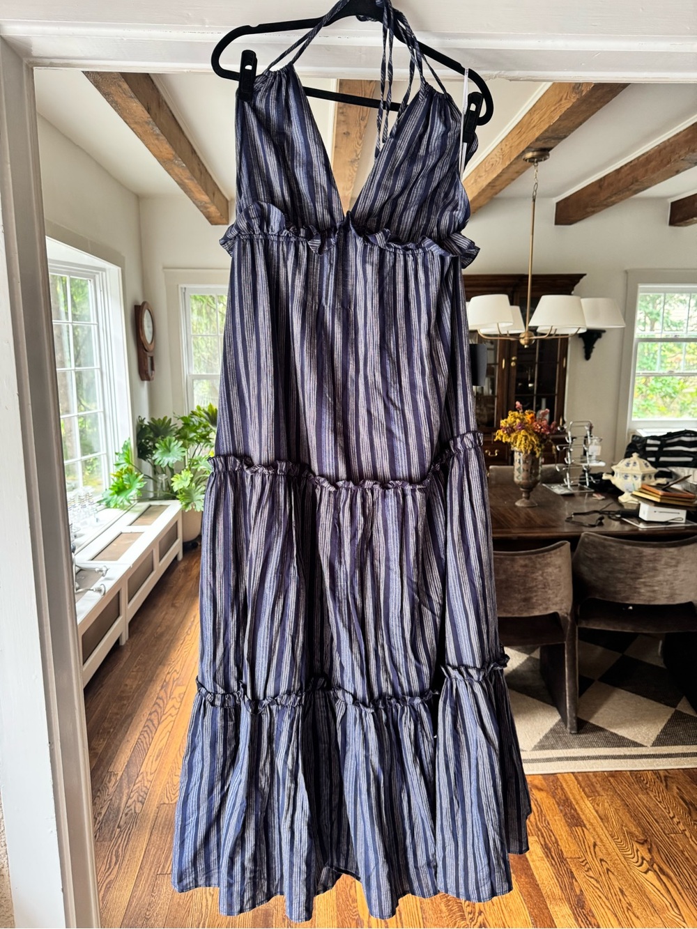Lulus Tiered Striped Halter Maxi Dress in Navy